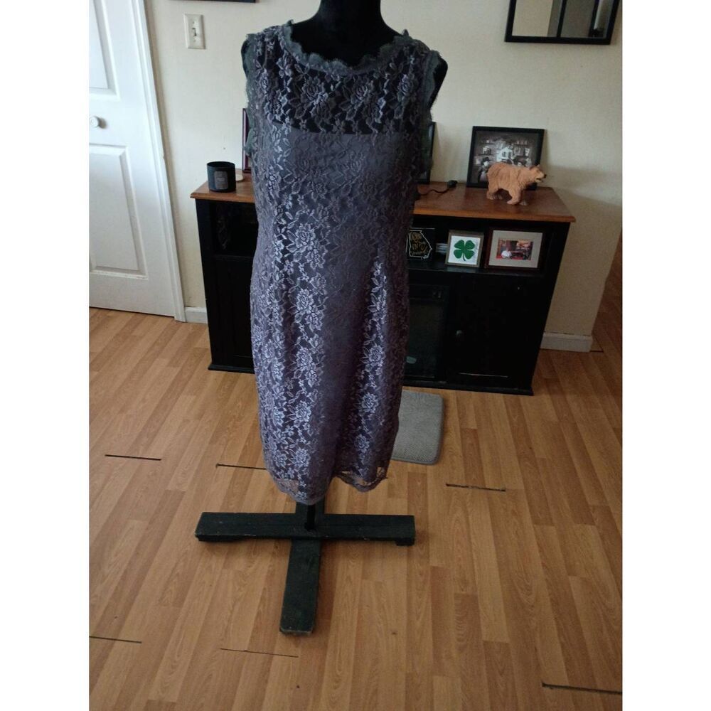 Sz 16 Simply Liliana Grey Lace Over Spaghetti Strap Special Occasion Midi Dress